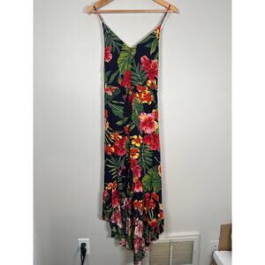 Lulus PURA VIDA NAVY BLUE TROPICAL PRINT BUTTON-UP HIGH-LOW MIDI DRESS Small